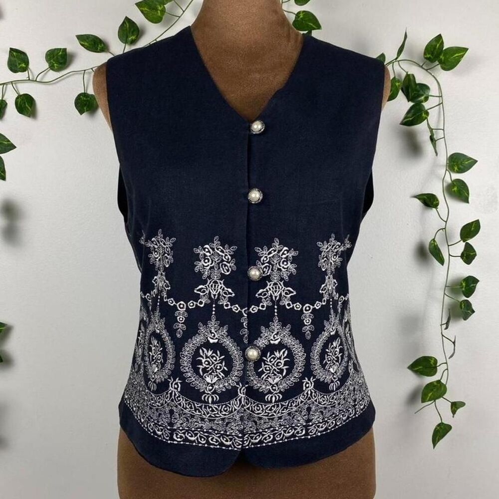 Vintage 90s Spenser Jeremy 100% Silk Vest embroidered silver pearl button